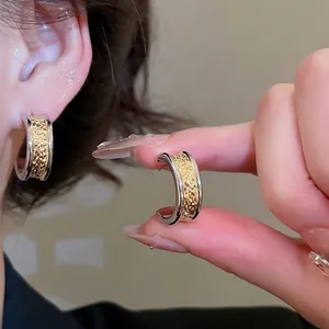 18k gold plated bicolor C-shape textured hoop earrings with vintage French hammered style