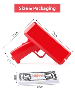 Detailed size chart showing 19x17x8cm dimensions for the red money gun party prop