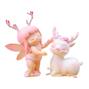 Cute resin deer fairy figurine decorative ornament for desk in pink and white tones