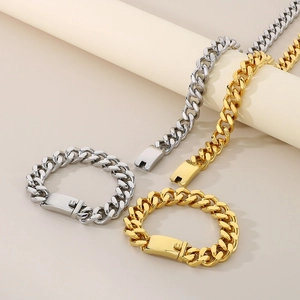 Collier Et Bracelet Grosse Chaîne Cuban Link Acier Inoxydable Poli Style Hip Hop Unisexe