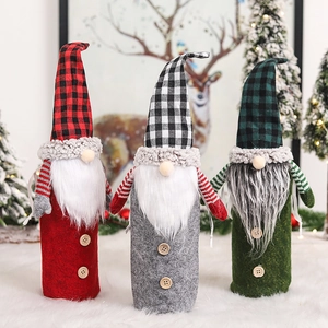 Christmas Gnome Wine Bottle Cover Set Forest Man Plaid Hat Long Beard Handmade Holiday Dining Table Decoration Xmas Party