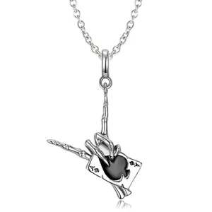 Ace Of Spades Skeleton Hand Necklace 925 Sterling Silver Gothic Punk Poker Pendant For Men Women Jewelry
