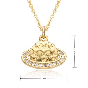 Detail view of 18k gold plated planet pendant with rhinestones and 17mm width dimension