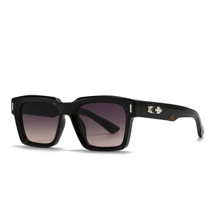 Classic square black sunglasses with gradient purple lenses and metal arrow detail