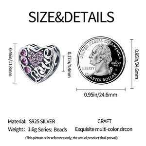 Detailed size view of silver heart bead with Love engraving and pink zircon stone