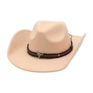 Western Cowboy Hat Wide Brim Wool Felt Ethnic Bull Head Turquoise Beads Tassels Vintage Fedora