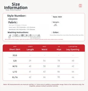 Detailed size chart and fabric composition guide for the yoga sports skirt set
