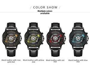 Detailed color show of four fashion leather watches with skeleton dials in multiple colors