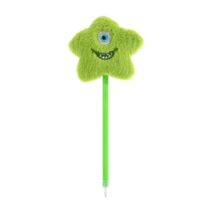 Green plush star-shaped ballpoint pen with funny cartoon eye and needle tip for students