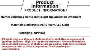 Detail specifications and material parameters for glowing snowman Christmas ornaments