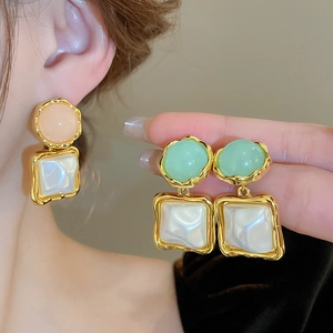 Minimalist geometric candy-colored resin earrings with round and square pearl accents