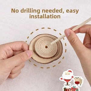 Close-up of natural wood slices with pre-drilled holes and wooden rod for DIY assembly