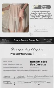 Detailed size chart and fabric composition for white lace sheer lingerie nightdress set