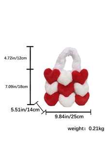 Detailed dimension chart showing size and weight for the plush heart tote bag