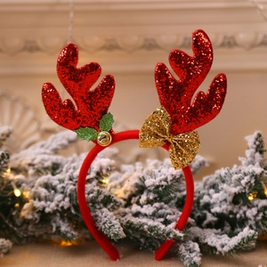 Christmas reindeer headband with red sequins, holly leaves and small golden bells