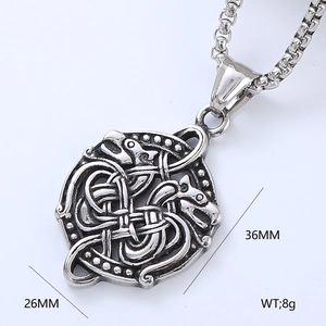Detail of Viking dragon wolf pendant showing dimensions 36x26mm and weight 8g on white background