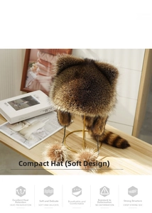Detailed close-up of brown faux fur raccoon hat with ears and long striped animal tail