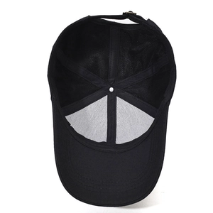Black casual baseball cap featuring interior six-panel structure and adjustable metal strap