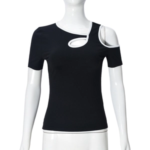 Detail of cutout shoulder design on a black contrast-trim slim fit short sleeve top