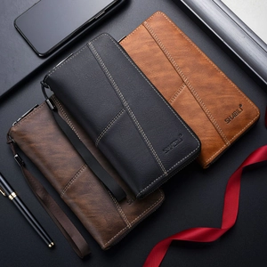 Three premium leather long wallets for men in black and brown colors with zip closure