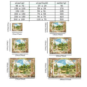 Size chart table for forest landscape tapestry showing weight and dimension details