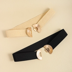 Elastic waist belts in beige and black with fan-shaped gold buckles for women