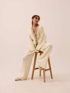 Women Knit Cardigan And Wide Leg Pants V Neck Button Down Contrast Trim Casual Loungewear Cotton Blend