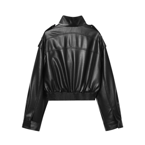 Back view of a cropped black PU leather jacket featuring classic biker style pleated details