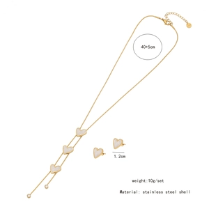 Detail view of heart shell jewelry set with necklace and stud earring dimensions