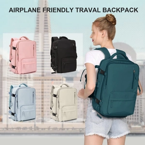 Multiple color options for airplane friendly travel backpack showing size and fit