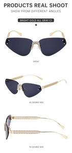 Détails de lunettes œil-de-chat sans monture avec pont en strass et branches ajourées