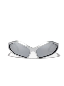 Futuristic silver wraparound Y2K sunglasses with dark grey lenses and matte finish