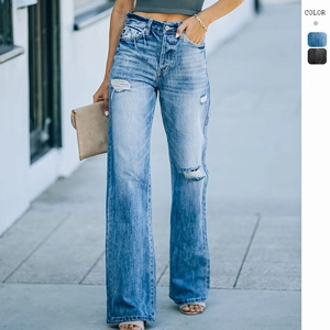 High Waisted Weite Jeans Distressed Ripped Denim Gerade Hose Für Damen Streetwear Washed