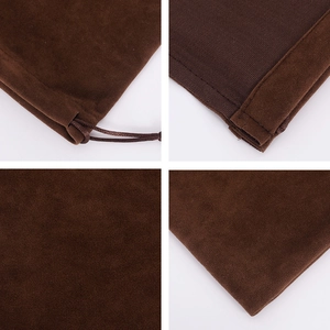 Detailed views of brown velvet jewelry pouch showing drawstring and stitching texture