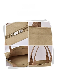 Detailed views of beige canvas tote bag showing zipper, thick handles and interior pockets