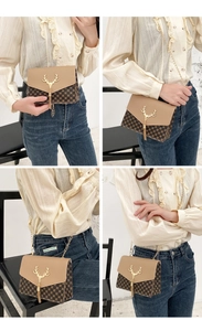 Detail of crossbody bag with golden deer lock, fringe, and classic monogram pattern