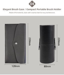 Detail of black PU leather makeup brush storage bag and cylindrical brush holder set