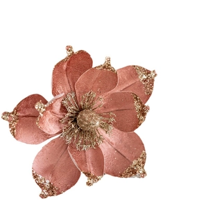 20cm pink artificial magnolia flower with gold glitter accents for Christmas tree decor