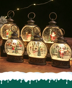 Detailed view of six vintage Christmas water lanterns with internal LED light and snow
