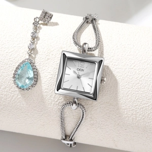 Elegant GEDI women's square silver watch and blue drop gemstone bracelet jewelry set