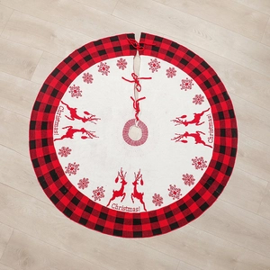 48 inch red and black plaid knitted Christmas tree skirt with reindeer and snowflake motifs