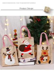 Three-piece burlap Christmas gift bags set with Santa, snowman and reindeer appliques