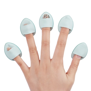 Close-up of five light blue mini finger powder puffs worn on model fingertips for makeup