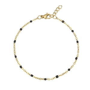 Détail de la chaîne dorée réglable avec perles noires et fermoir mousqueton robuste