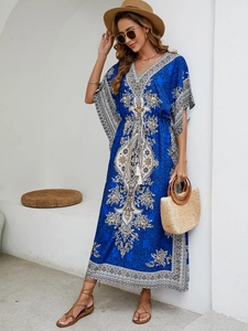 Bohemian royal blue maxi beach dress with ethnic print and adjustable drawstring waist