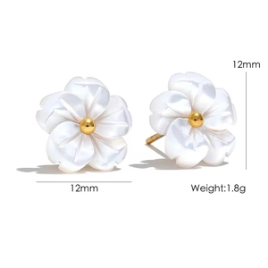 18K gold plated titanium steel shell flower earrings with 12mm white petal detail