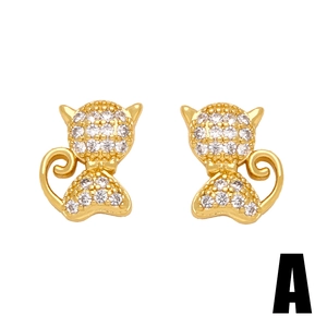 Cute gold-plated cat stud earrings with sparkling white crystals for women
