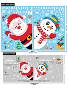 Detail of Christmas window decals featuring Santa Claus, Snowman, and size dimensions