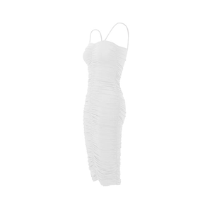 Detailed view of white ruched bodycon cami dress showcasing side textures and fabric