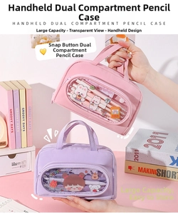 Detail of large capacity pencil pouches with hand straps and transparent PVC windows